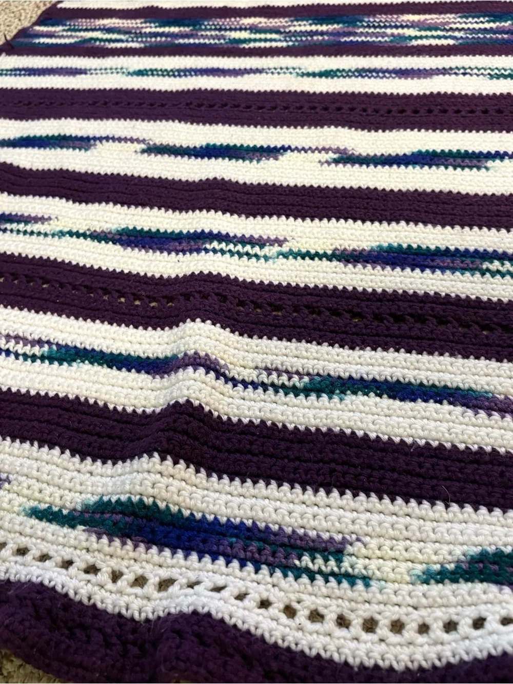 Handmade Purple, Green, and White Striped Crochet Throw